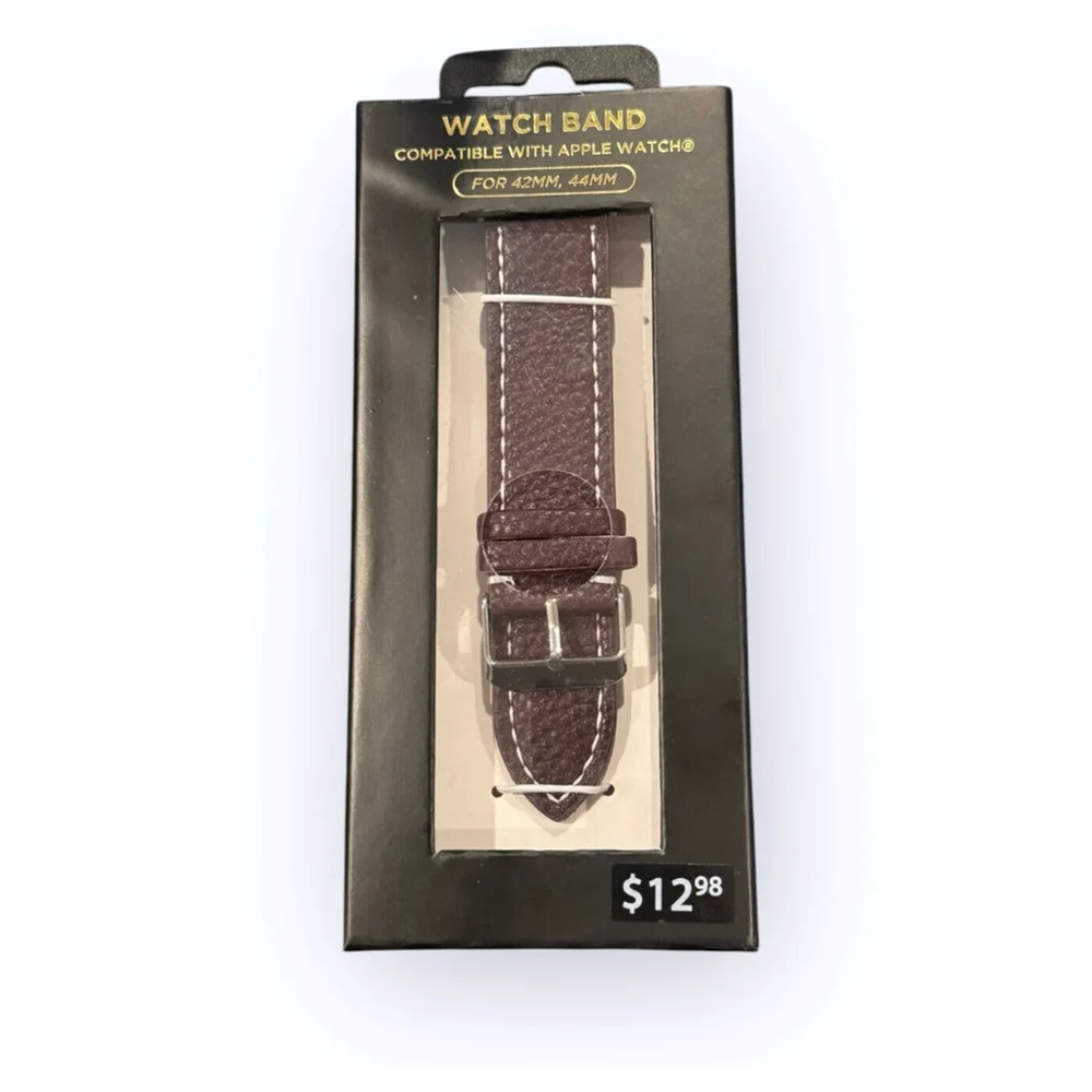 New Watch Band for Apple Watch 42mm 44mm Brown Faux Leather White Stitch